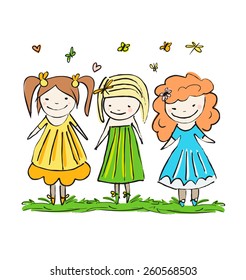 Set of cute and happy baby kids on the grass with flowers, butterflies and dragonflies Vector illustration eps 10 