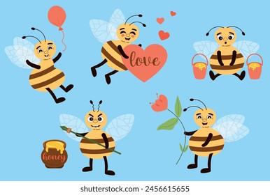 Conjunto lindo feliz abeja globo miel pote corazón dibujos animados estilo emociones niños ilustración