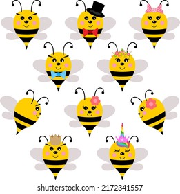 Set of cute happy bees

