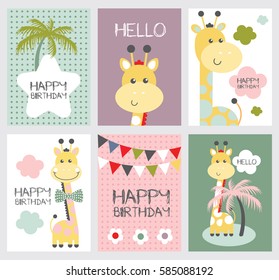 Set of cute happy birthday card with nice giraffe. Vector Illustration
