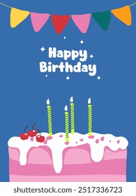 Set of cute Happy birthday illustrations design with cake, candle and party decorations. Vector templates for cards, poster, Invitations, banner and flyer. Ready to print