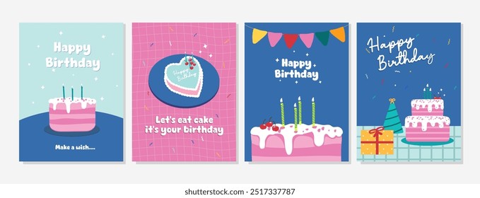 Set of cute Happy birthday illustrations design with cake, candle and party decorations. Vector templates for cards, poster, Invitations, banner and flyer. Ready to print