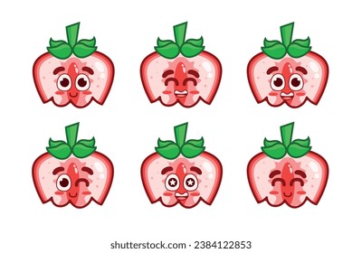 Set of cute happy bitten strawberries. Animated fruit character. Whole, halved, and bitten strawberries on a white background.