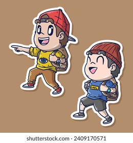 Set of Cute happy boy with backpack travelling on holidays cartoon vector illustration. Hand drawn vector illustration. EnrouteFrance