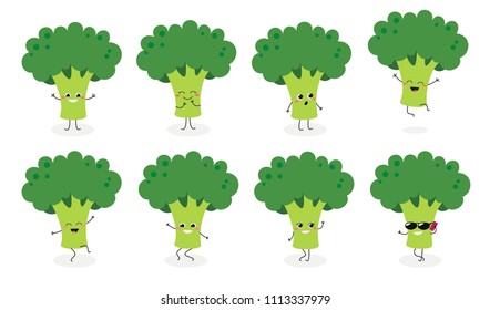 Set №2 of cute happy broccoli emojis. Vector flat illustration isolated on white background