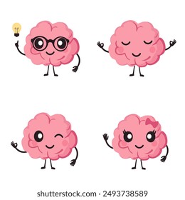 Set of cute happy bundle of brains.Vector flat drawing cartoon character.