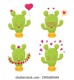 Set of cute happy cacti with smile faces. Cartoon funny character for valentine's day card, poster, stickers, banner. Vector illustration isolated on a white background