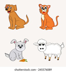 Set of cute happy cartoons of domestic animals like dog, cat, rabbit and sheep. 