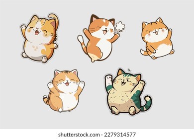 set of cute happy cat sticker cartoon style