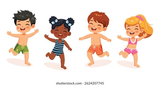 Set of cute and happy children of different nationalities running on the beach in bathing suits on white background. Poster, Banner, Flyer, Summer time. Vector illustration in flat cartoon style