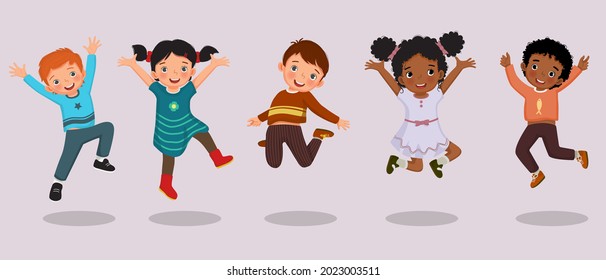 Set of cute happy children jumping joyfully laughing with hand raising. Vector of group active kids boys and girls having fun and playing together. 