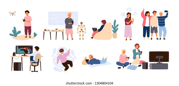Set of cute happy children performing various activities or doing hobbies - playing games on computer or console, programming, launching drone, wearing VR headset. Flat cartoon vector illustration.