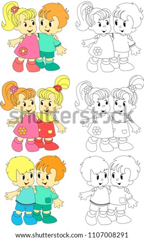 Set of cute happy childrens have fun at party, kids playing with joy and celebrate holidays, girls and boys are friends, background cartoon vector illustration. Frienship, brothers, sisters, isolated.