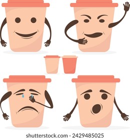 Set of cute happy coffee paper cup character with emotions. Cartoon character icon coffee to go