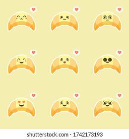 set of Cute and happy croissant vector cartoon character isolated on a color background.