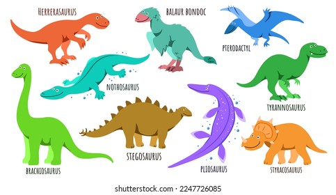 Set of cute happy dinosaurs, with the names of each, the inhabitants of the ancient world in a children's cartoon style smiles, Dromeosaurus and Tyrannosaurus, Brachiosaurus and Pterodactyl