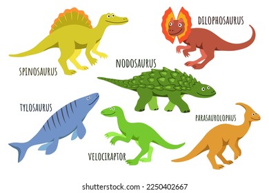 Conjunto de lindos y felices dinosaurios, con los nombres de cada uno, los habitantes del mundo antiguo al estilo de una caricatura infantil sonriendo, espinosaurio y parasaurolophus, nodosauro y velociraptor