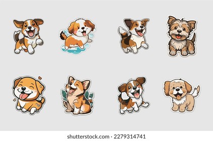 set of cute happy dog sticker cartoon style