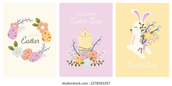 set of cute happy easter day greeting cards bunny easter eggs flowers spring