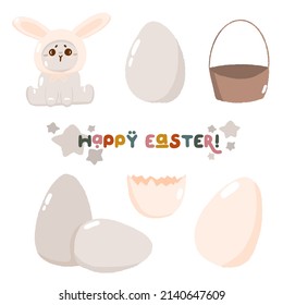 Set of cute happy easter hunt egg bunny, concept spring religious holiday rabbit icon stuff, cartoon doodle vector illustration, isolated on white. Happy childhood time, flat decoration kindergarten.