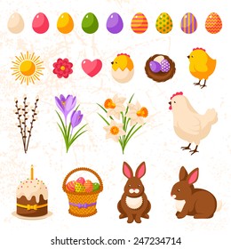 Set of Cute Happy Easter Icons. Vector Illustration. 