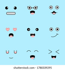 set of cute happy face emotion on purple background.