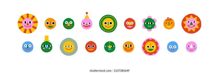 Set of cute happy faces in funny colorful children illustration style . Flat cartoon people head collection for education concept or kid project.