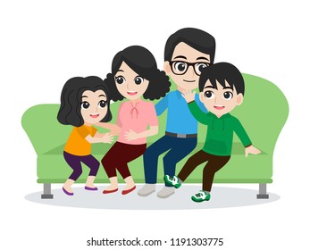Set of cute happy Family,dad mom son daughter sitting on green sofa together cartoon character flat design vector on white background.