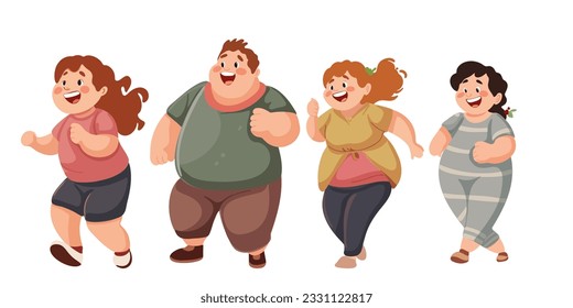 Set of cute happy fat kids, boys and girls, cartoon vector illustration