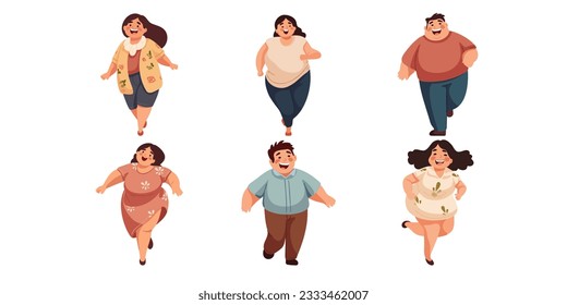 Set of cute happy fat women and men, cartoon vector illustration