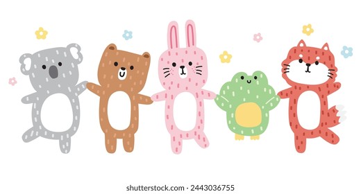 Set of cute happy feeling smile animals with flower on white background.Wild animal soft hair character cartoon design.Koala,bear,rabbit,frog,fox hand drawn collection.Kawaii.Vector.Illustration. 