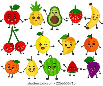 Set of cute and happy fruits. Cute smiling cartoon fruits on white background.