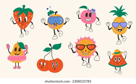 Set of Cute happy funny fruits 30s cartoon mascot character 40s, 50s, 60s old animation style.