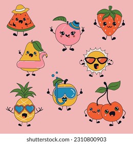 Set of Cute happy funny fruits with kawaii eyes . Vector illustration isolated