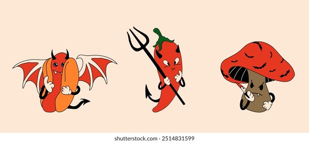 Set of Cute, happy, funny hot dog, pepper devil and mushroom with a knife cartoon mascot character