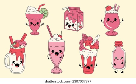 Set of Cute happy funny milkshakes with kawaii eyes. Vector illustration isolated