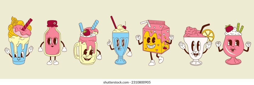 Set of Cute happy funny milkshakes 30s cartoon mascot character 40s, 50s, 60s old animation style.