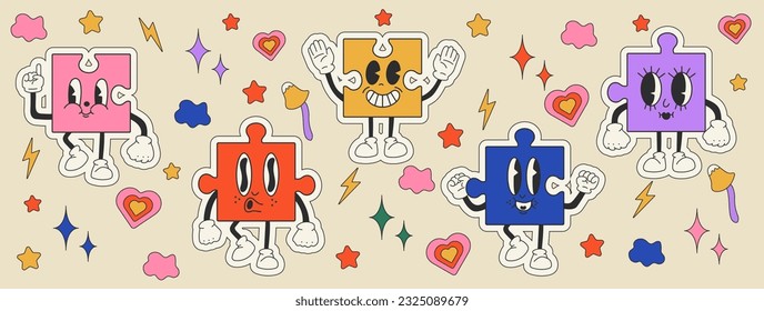 Set of Cute happy funny puzzle 30s cartoon mascot character 40s, 50s, 60s old animation style.