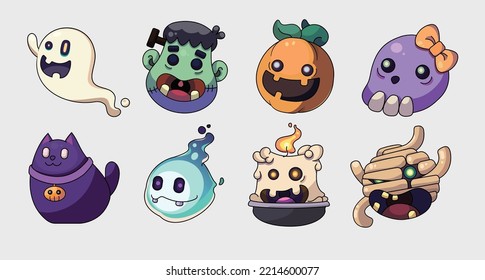 Set of Cute Happy Halloween monsters,Stickers object set ,Vector Illustration Ghost,Frank,Pumpkin,Skull,Black Cat,Wisp,Fire Spirit,Candle,Mummy