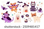 Set of  cute Happy Halloween stickers with cats in different costumes, mummy, spider, ghosts, vampire, witch, candies and sweets. Halloween, trick or treat. Vector illustration in flat style isolated