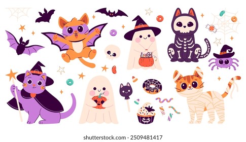 Set of  cute Happy Halloween stickers with cats in different costumes, mummy, spider, ghosts, vampire, witch, candies and sweets. Halloween, trick or treat. Vector illustration in flat style isolated