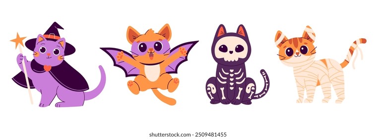 Conjunto de lindas pegatinas de Feliz Halloween con gatos en diferentes trajes, momias, fantasmas, vampiros, esqueletos. ilustraciones para vacaciones de Halloween. Truco o trato de Ilustración vectorial en estilo plano aislado