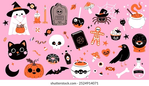 Conjunto de lindas pegatinas de Halloween feliz sobre fondo rosa. Conjunto de mascotas calabaza, gato negro, esqueleto, fantasma, ojos, murciélago, dulces de Halloween y caramelos. Ilustración vectorial en estilo plano