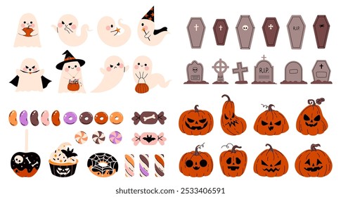 Conjunto de lindas pegatinas de Halloween feliz sobre fondo blanco. Conjunto de mascotas calabaza, fantasma, dulces y caramelos de Halloween, tumba y ataúd. Ilustración vectorial en estilo plano