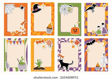 Set of cute Happy Halloween vertical notes or posters with checkered groovy borders and empty space. Decorated with fun flat cartoon stickers like pumpkin, cake, cauldron, candies, crow, web, hand.