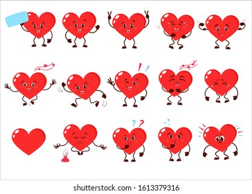 Set of cute, happy hearts. Character, animation. Happy Valentine's Day, Love with different emotions. Vector illustration.
