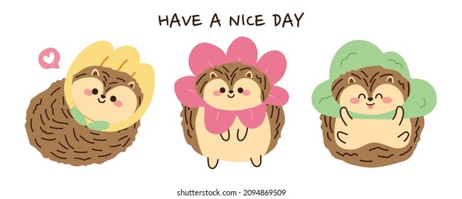 Set of cute happy hedgehog wear flower hat costume cartoon.Animal character design.Have a nice day text.Kid graphic.Art.Kawaii.Isolated.Vector.Illustration