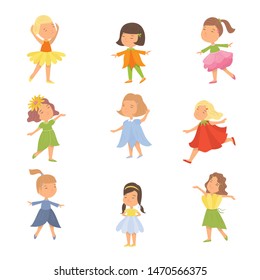 Set of cute happy kids girl in flower clothes