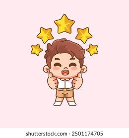 set Cute happy little boy give thumbs up and five stars kawaii chibi character mascot