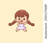 set Cute happy little girl jumping kawaii chibi character mascot illustration outline style